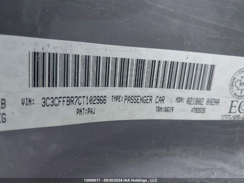 2012 Fiat 500 Sport VIN: 3C3CFFBR7CT102966 Lot: 12005017