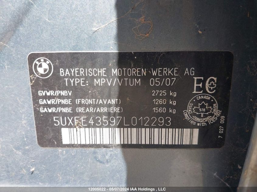 2007 BMW X5 3.0I VIN: 5UXFE43597L012293 Lot: 12005022