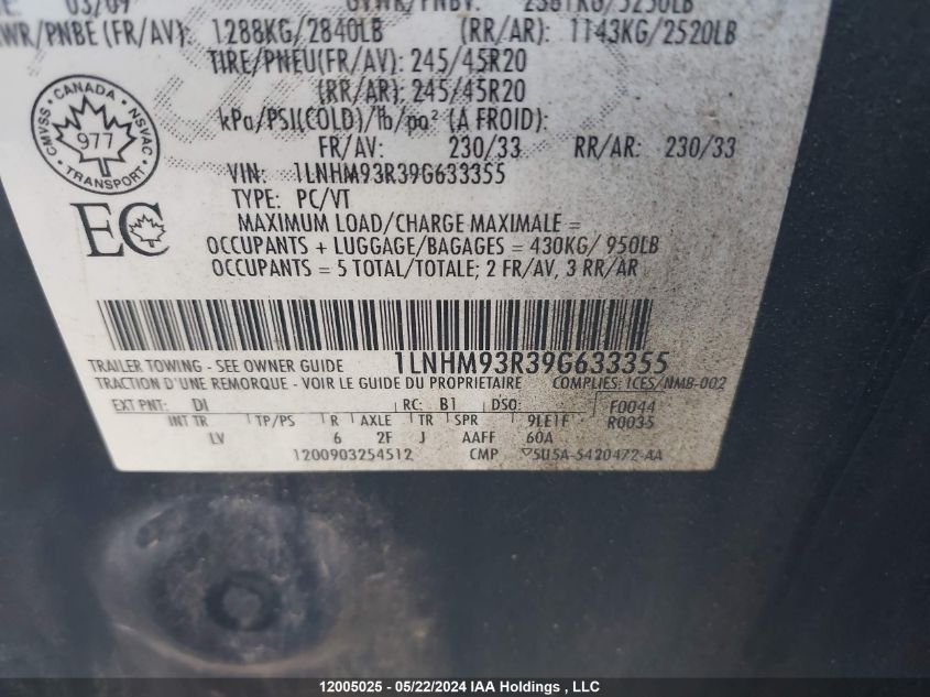 2009 Lincoln Mks VIN: 1LNHM93R39G633355 Lot: 12005025