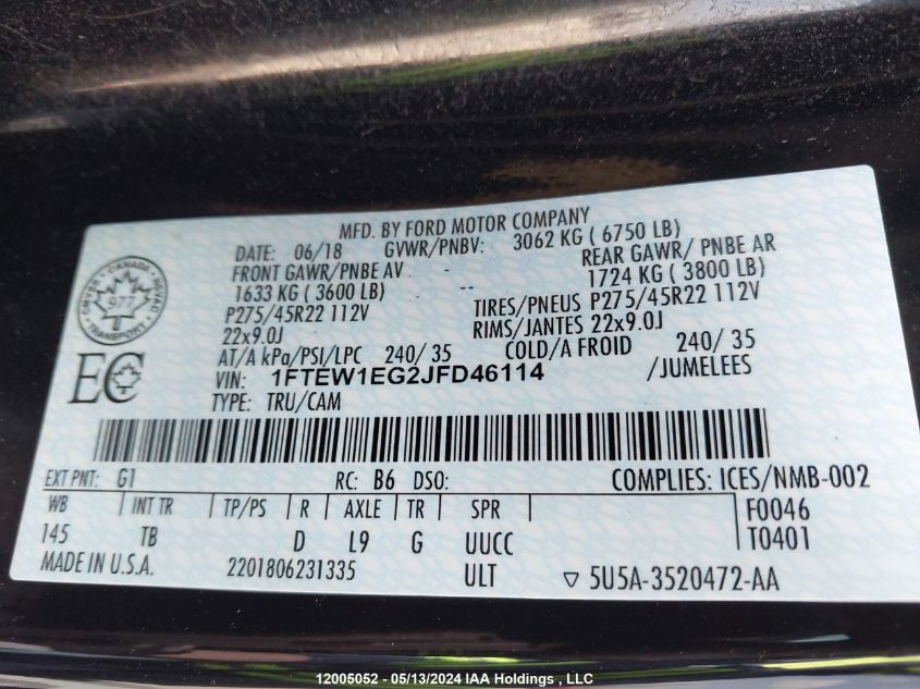 2018 Ford F150 Supercrew VIN: 1FTEW1EG2JFD46114 Lot: 12005052