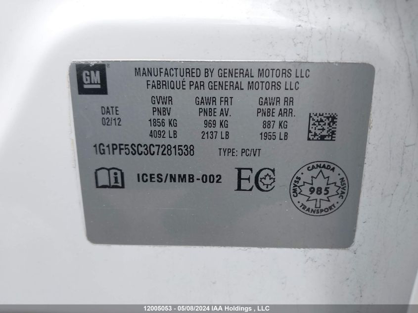 2012 Chevrolet Cruze VIN: 1G1PF5SC3C7281538 Lot: 12005053