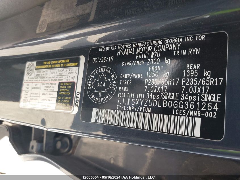 2016 Hyundai Santa Fe Sport 2.4 Luxury VIN: 5XYZUDLB0GG361264 Lot: 12005054