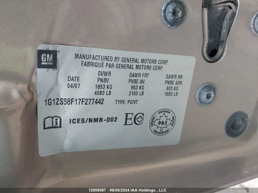 2007 Chevrolet Malibu Ls VIN: 1G1ZS58F17F277442 Lot: 12005067