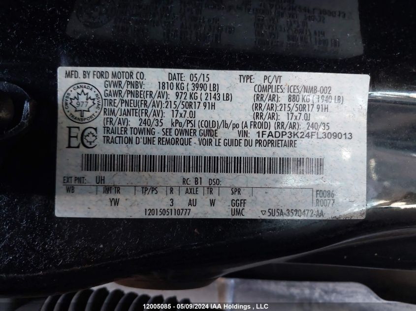 2015 Ford Focus Se VIN: 1FADP3K24FL309013 Lot: 12005085