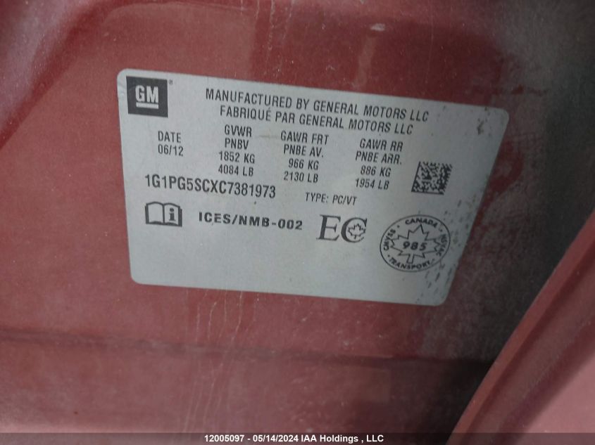 2012 Chevrolet Cruze VIN: 1G1PG5SCXC7381973 Lot: 12005097
