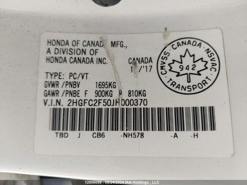 2018 Honda Civic Sedan VIN: 2HGFC2F50JH000370 Lot: 12005099