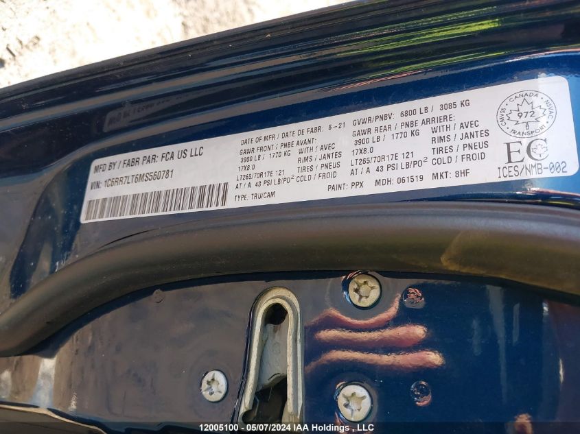 2021 Ram 1500 Classic Slt VIN: 1C6RR7LT6MS560781 Lot: 12005100