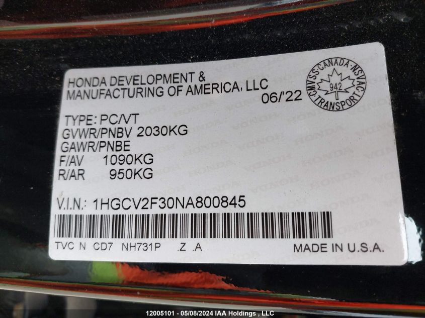 2022 Honda Accord Sport VIN: 1HGCV2F30NA800845 Lot: 12005101