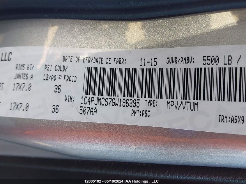 2016 Jeep Cherokee VIN: 1C4PJMCS7GW196395 Lot: 12005102