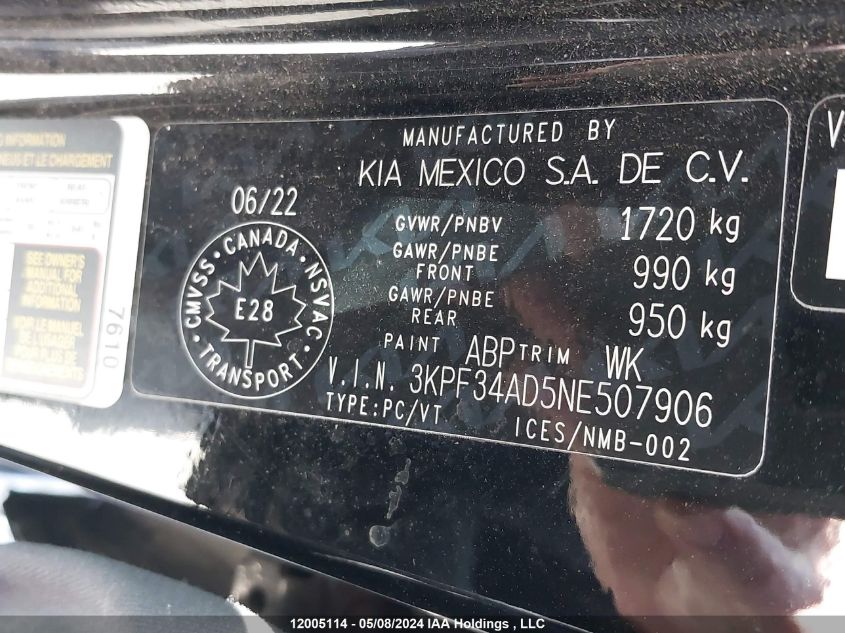 2022 Kia Forte VIN: 3KPF34AD5NE507906 Lot: 12005114