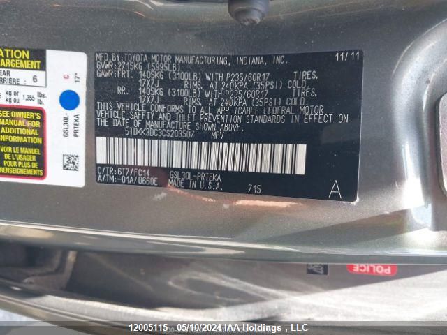 2012 Toyota Sienna Le 8 Passenger VIN: 5TDKK3DC3CS203507 Lot: 12005115