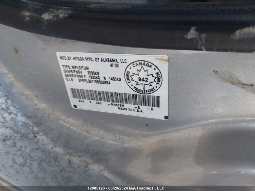 2009 Honda Odyssey Dx VIN: 5FNRL38119B503984 Lot: 12005123