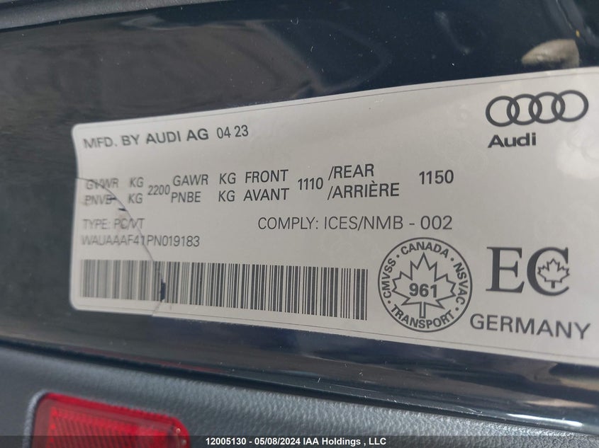 2023 Audi A4 Sedan VIN: WAUAAAF41PN019183 Lot: 12005130