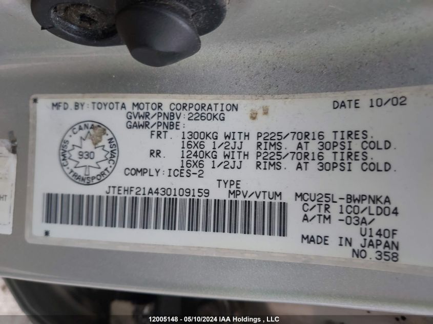 2003 Toyota Highlander Limited VIN: JTEHF21A430109159 Lot: 12005148