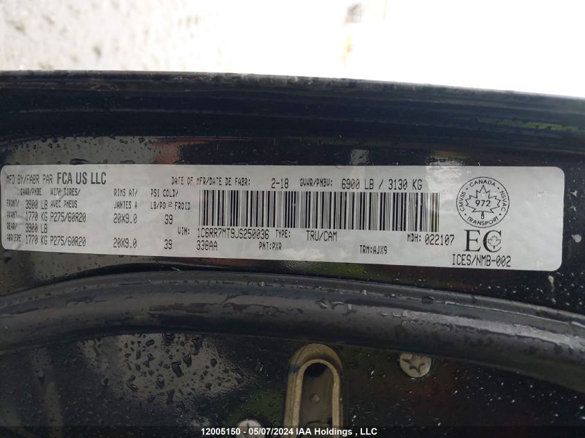 2018 Ram 1500 Sport VIN: 1C6RR7MT9JS250036 Lot: 12005150