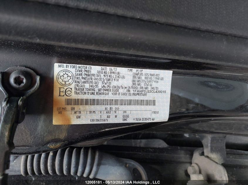 2012 Ford Focus Titanium VIN: 1FAHP3J22CL439015 Lot: 12005181