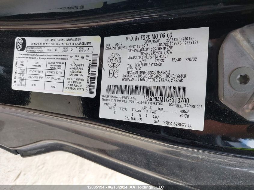 2016 Ford Mustang VIN: 1FA6P8AM1G5313700 Lot: 12005194