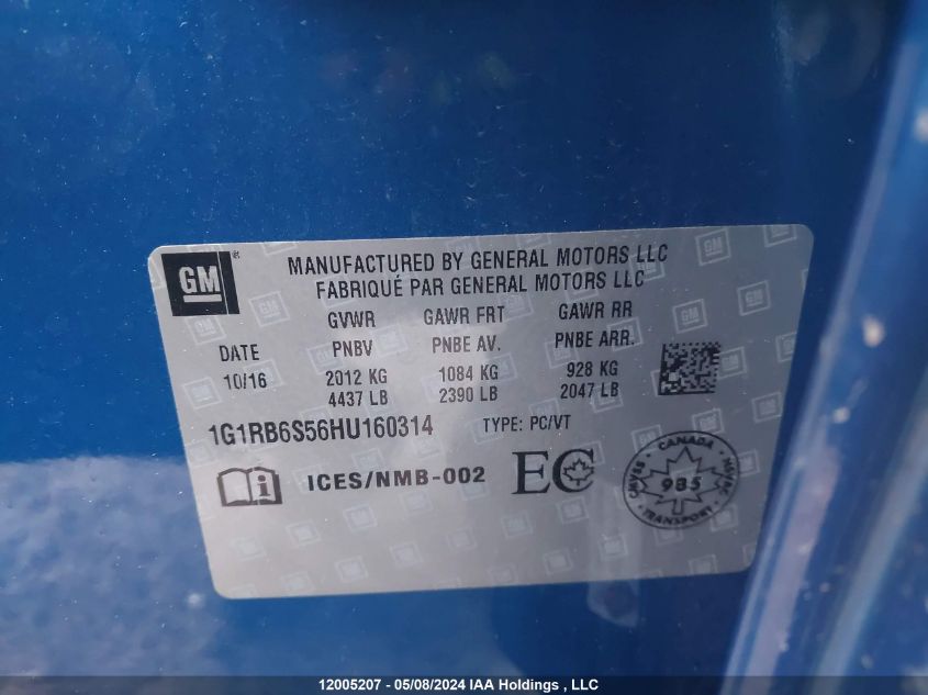 2017 Chevrolet Volt VIN: 1G1RB6S56HU160314 Lot: 12005207