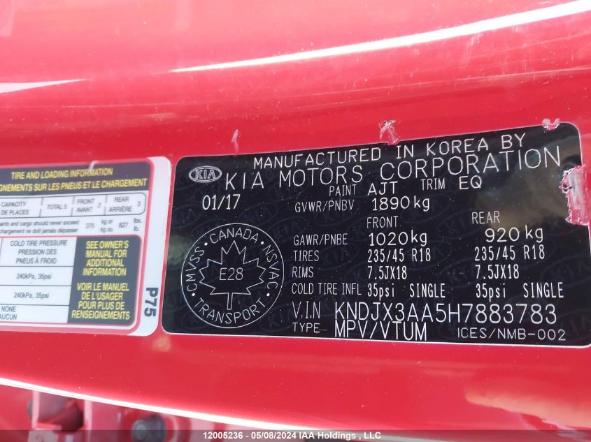 2017 Kia Soul VIN: KNDJX3AA5H7883783 Lot: 12005236