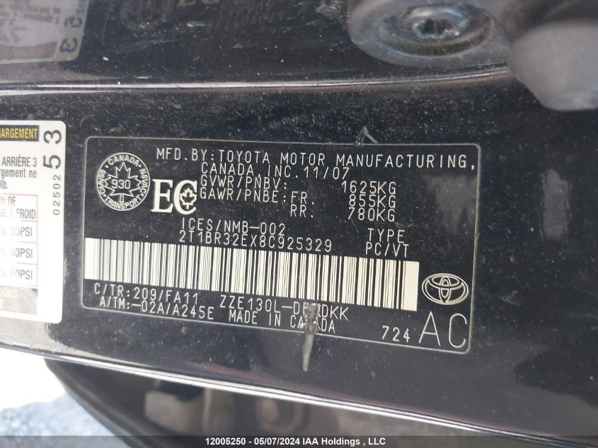 2008 Toyota Corolla Ce/Le/S VIN: 2T1BR32EX8C925329 Lot: 12005250