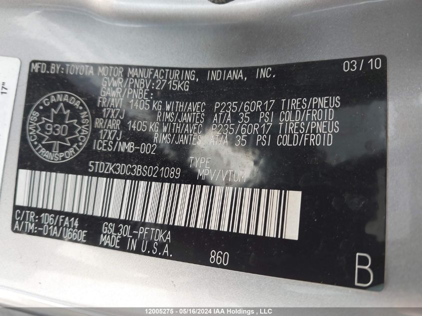 2011 Toyota Sienna V6 7 Passenger VIN: 5TDZK3DC3BS021089 Lot: 12005275