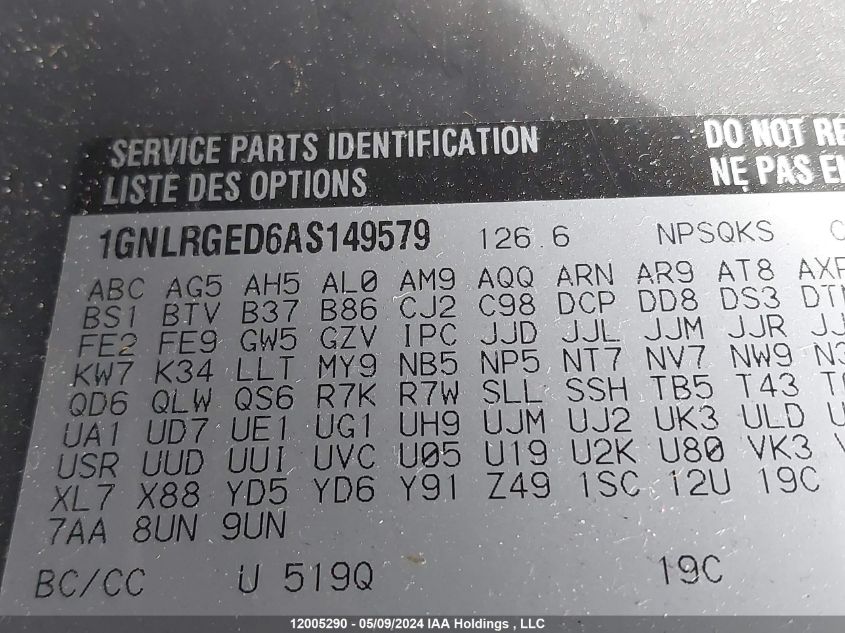 2010 Chevrolet Traverse VIN: 1GNLRGED6AS149579 Lot: 12005290