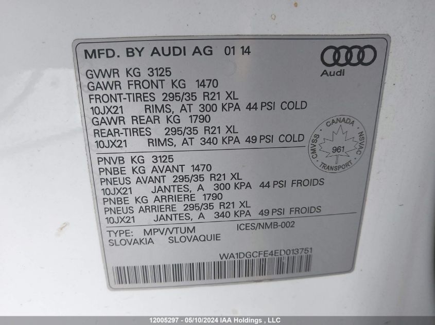 2014 Audi Q7 VIN: WA1DGCFE4ED013751 Lot: 12005297