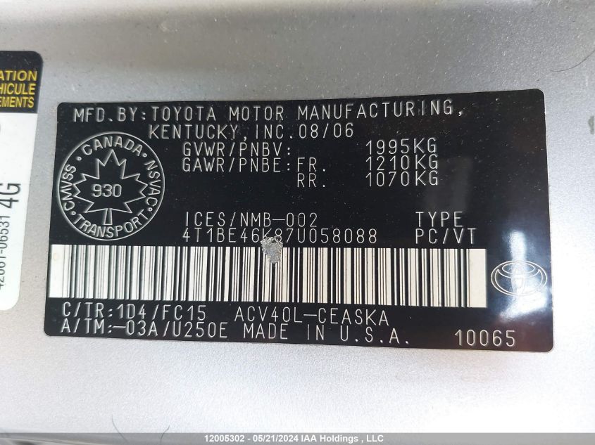 2007 Toyota Camry Le/Se VIN: 4T1BE46K87U058088 Lot: 12005302