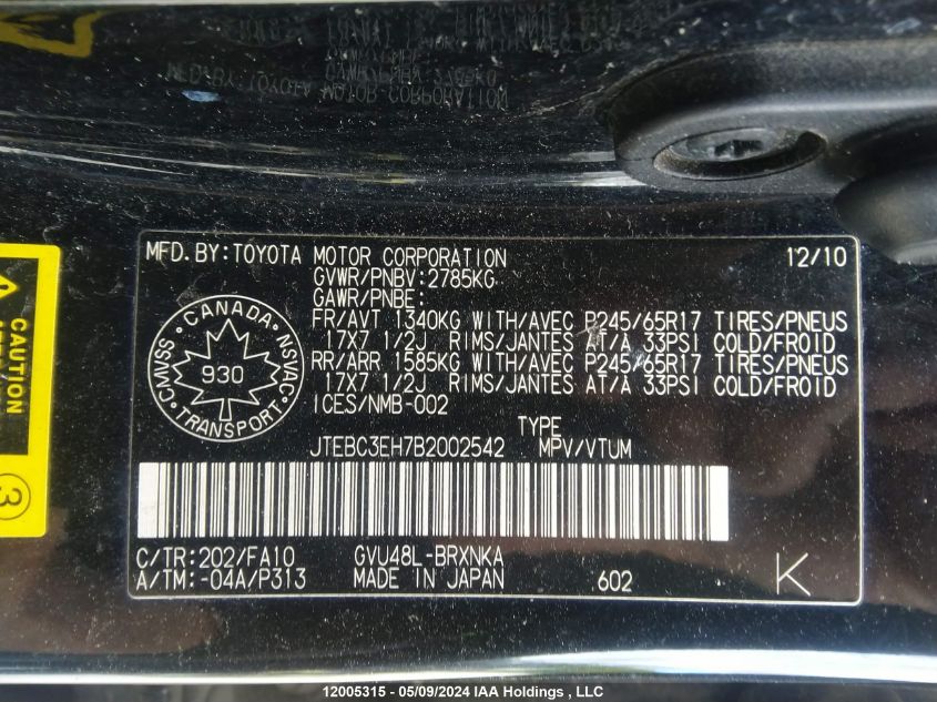 2011 Toyota Highlander Hybrid Hybrid VIN: JTEBC3EH7B2002542 Lot: 12005315