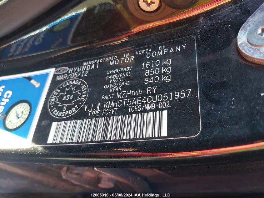 2012 Hyundai Accent Gls/Gs VIN: KMHCT5AE4CU051957 Lot: 12005316