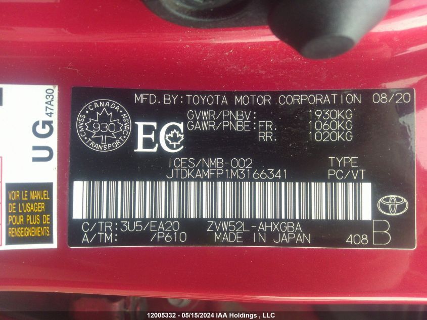 2021 Toyota Prius VIN: JTDKAMFP1M3166341 Lot: 12005332