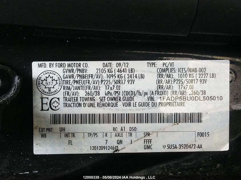 2013 Ford C-Max Sel VIN: 1FADP5BU0DL505010 Lot: 12005338