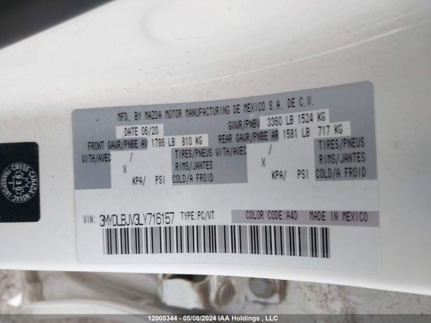 2020 Toyota Yaris Le/Xle VIN: 3MYDLBJV3LY716157 Lot: 12005344