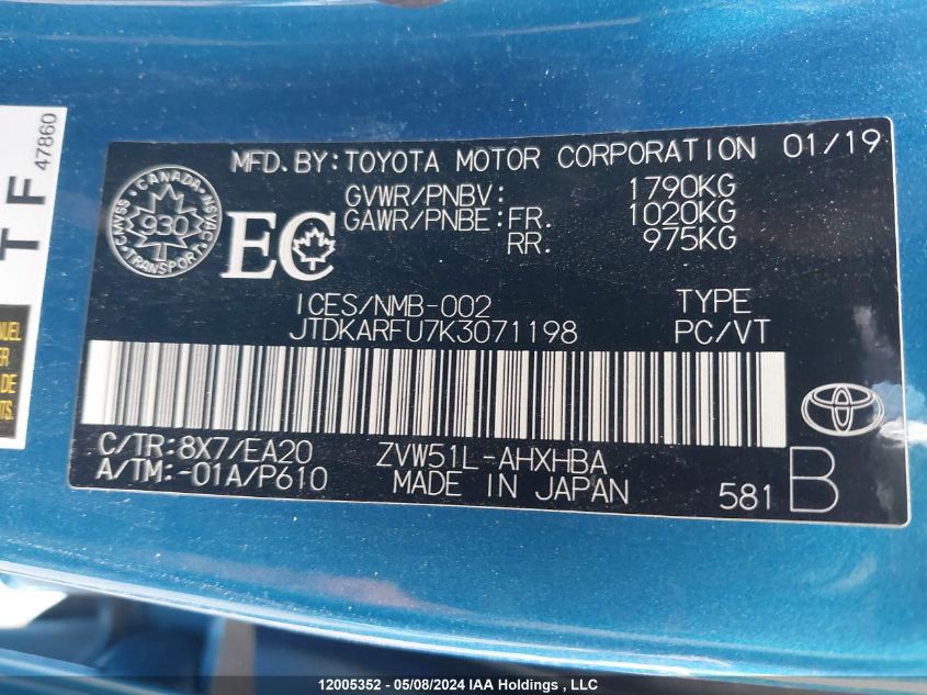 2019 Toyota Prius VIN: JTDKARFU7K3071198 Lot: 12005352