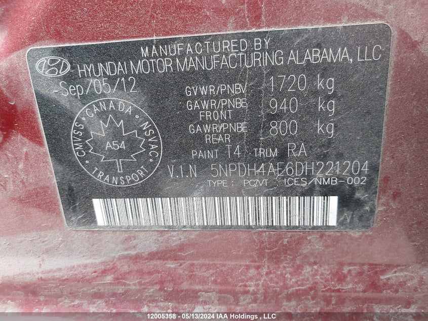 2013 Hyundai Elantra Gls/Limited VIN: 5NPDH4AE6DH221204 Lot: 12005358