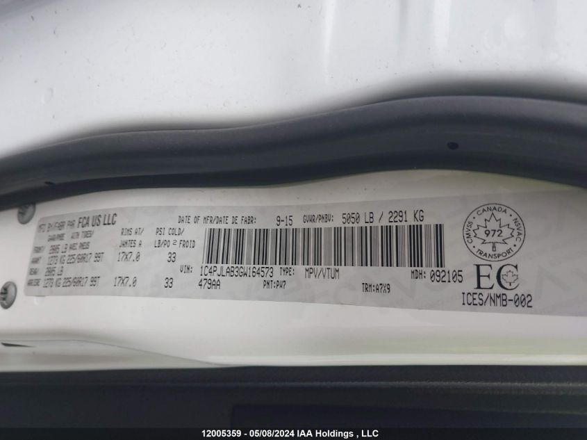 2016 Jeep Cherokee VIN: 1C4PJLAB3GW164573 Lot: 12005359