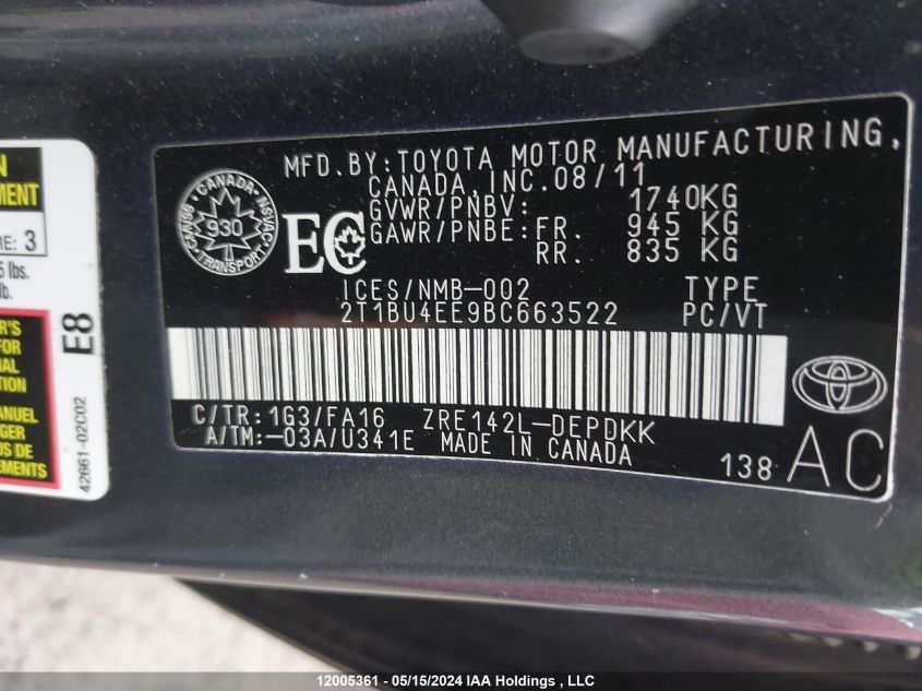 2011 Toyota Corolla VIN: 2T1BU4EE9BC663522 Lot: 12005361