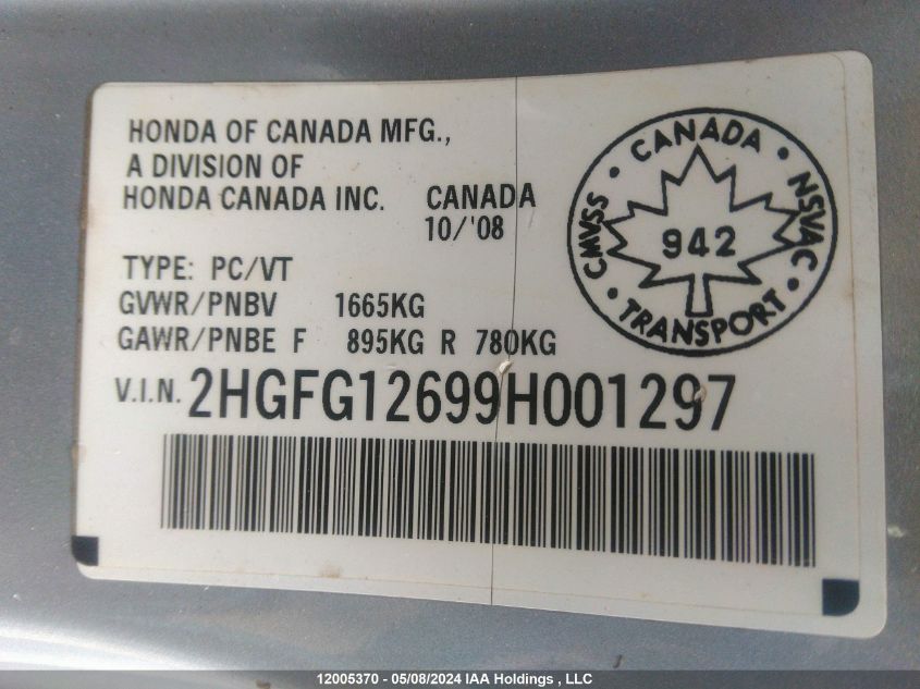 2009 Honda Civic Lx VIN: 2HGFG12699H001297 Lot: 12005370