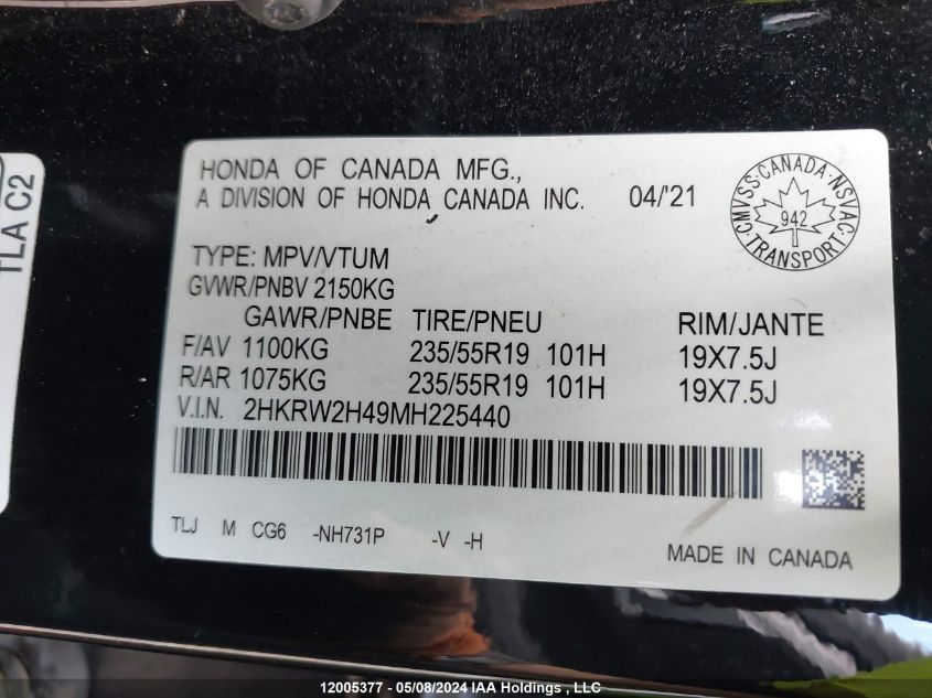 2021 Honda Cr-V VIN: 2HKRW2H49MH225440 Lot: 12005377