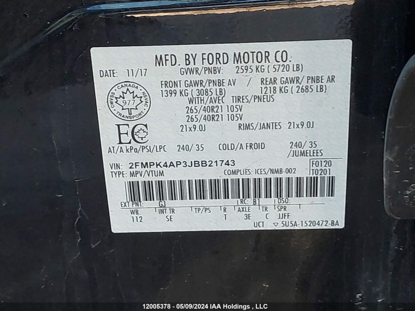 2018 Ford Edge Sport VIN: 2FMPK4AP3JBB21743 Lot: 12005378