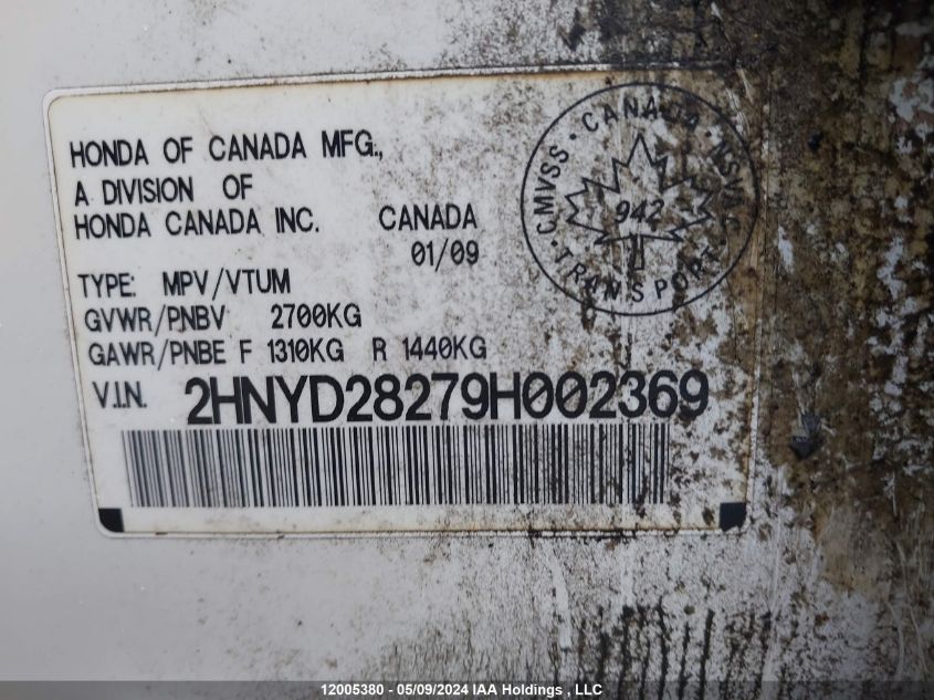 2009 Acura Mdx VIN: 2HNYD28279H002369 Lot: 12005380