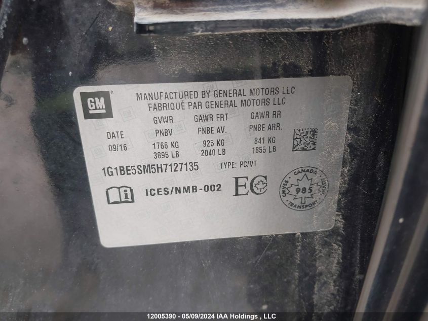2017 Chevrolet Cruze VIN: 1G1BE5SM5H7127135 Lot: 12005390