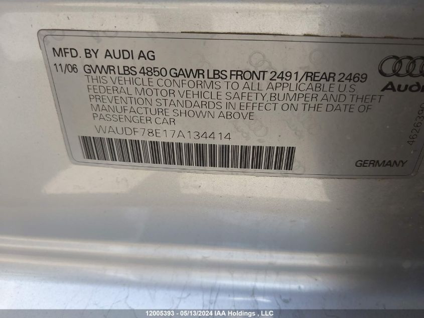 2007 Audi A4 VIN: WAUDF78E17A134414 Lot: 12005393