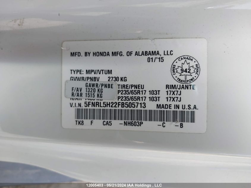 2015 Honda Odyssey VIN: 5FNRL5H22FB505713 Lot: 12005403