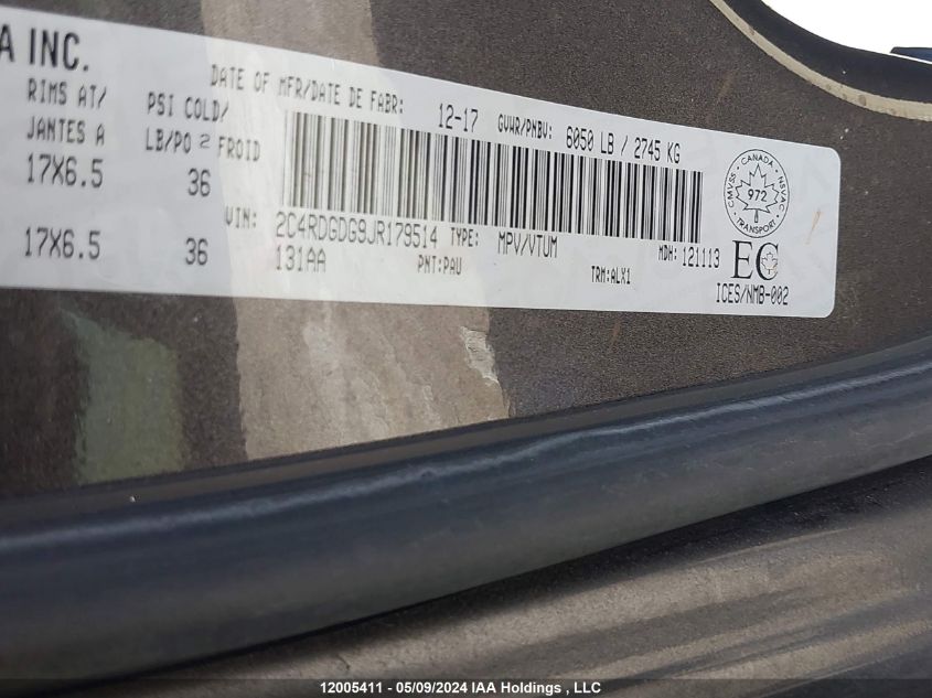 2018 Dodge Grand Caravan Crew VIN: 2C4RDGDG9JR179514 Lot: 12005411