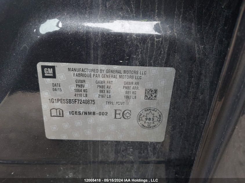 2015 Chevrolet Cruze Lt VIN: 1G1PE5SB5F7240875 Lot: 12005418