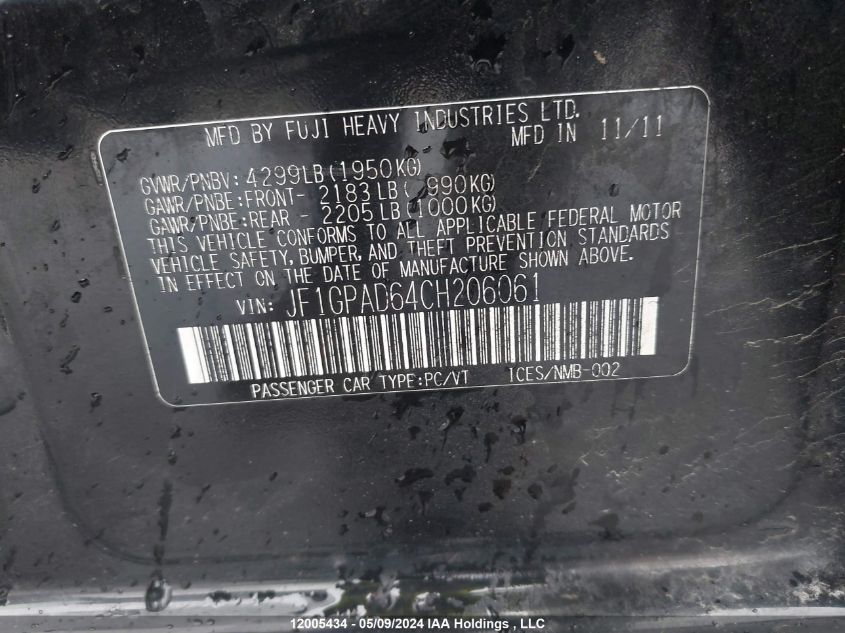 2012 Subaru Impreza Premium VIN: JF1GPAD64CH206061 Lot: 12005434