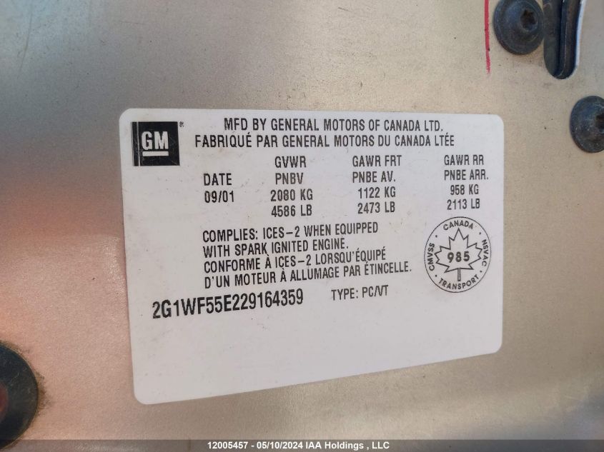 2002 Chevrolet Impala VIN: 2G1WF55E229164359 Lot: 12005457