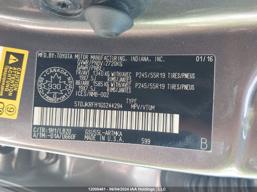 2016 Toyota Highlander Xle VIN: 5TDJKRFH1GS244294 Lot: 12005461