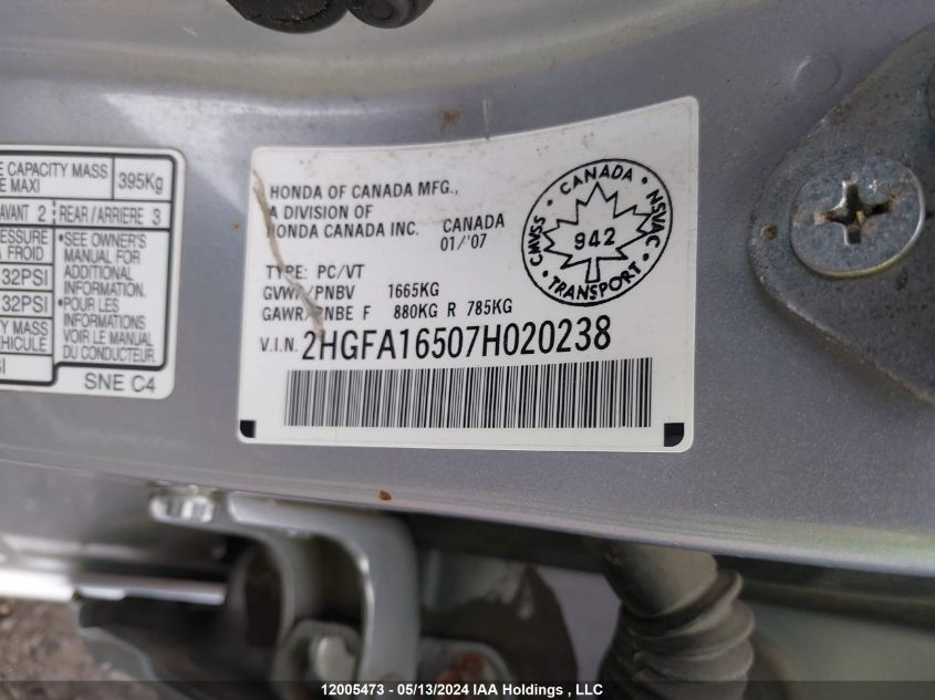 2007 Honda Civic Sdn VIN: 2HGFA16507H020238 Lot: 12005473